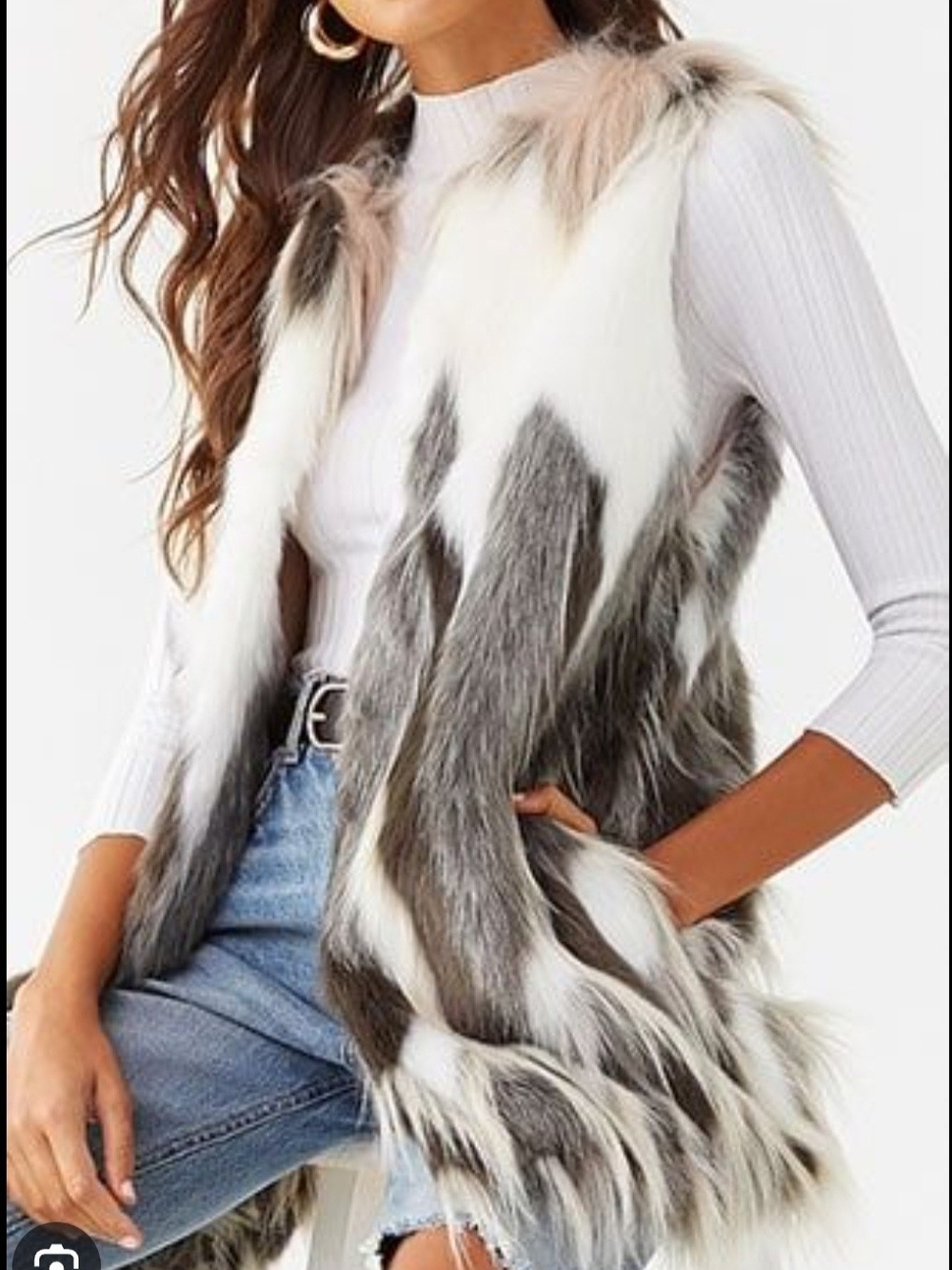 Skies Are Blue Gray & White Faux Fur Vest Size LARGE